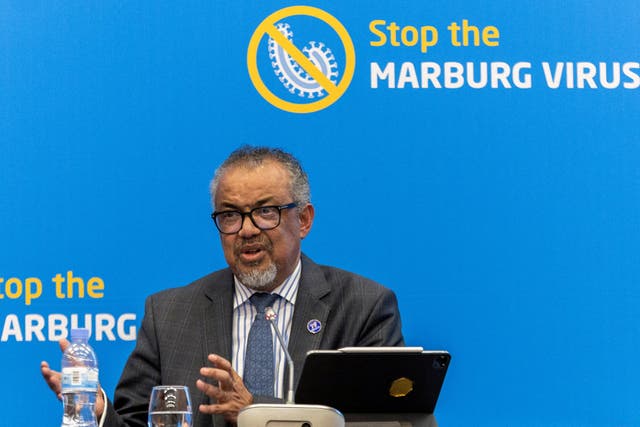 <p>File: World Health Organization Director-General Tedros Adhanom Ghebreyesus addresses a press conference on the Marburg virus outbreak at the Kigali Convention Center in Kigali, Rwanda</p>
