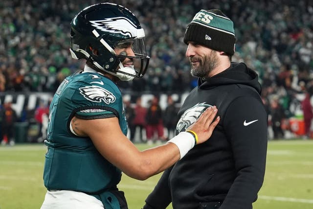 Jalen Hurts celebrates with coach Nick Sirianni (AP Photo/Matt Slocum)