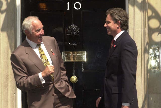 <p>Actor Nigel Hawthorne, who played Sir Humphrey Appleby in ‘Yes, Minister’ and ‘Yes, Prime Minister’,  with the then PM Tony Blair outside Downing Street</p>