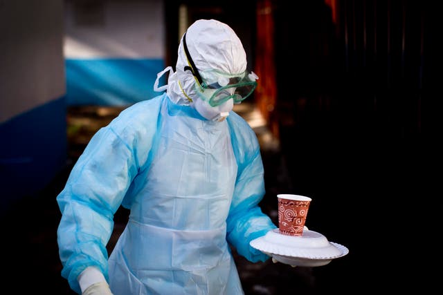 <p>File. A medical worker carries a meal to an isolation tent housing a man being quarantined after coming into contact in Uganda with a carrier of the Marburg virus</p>