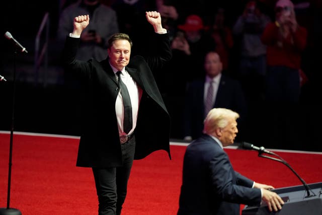 <p>Elon Musk reacts as President-elect Donald Trump speaks at a rally ahead of the 60th Presidential Inauguration, Jan. 19, 2025, in Washington</p>