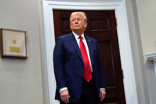 <p>President Donald Trump stands at the White House. Trump has blasted California Democrats over their response to recent deadly wildfires in and around Los Angeles, as well as their water policy and systems </p>