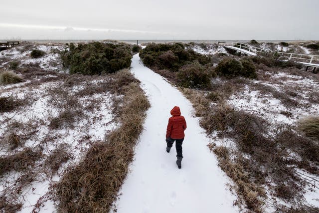 <p>A beach-goer heads to the ocean on Wednesday after a winter storm dropped ice and snow on the Isle of Palms, South Carolina. A rare winter storm blasted the Gulf Coast and Southeast this week, bringing dangerous and deadly cold </p>