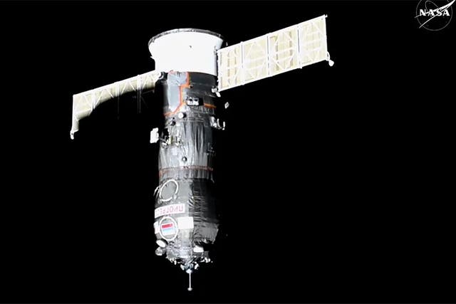 <p>The Progress 90 cargo craft approaches the International Space Station before docking Saturday. The spacecraft carried three tons of supplies. But, when astronauts opened the hatch, they also received something unexpected: an odor </p>