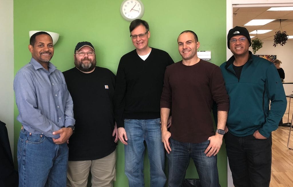 Picture of the five members of Brainscape's leadership, including Jonathan Thomas, Jay Stramel, Andy Lutz, Andrew Cohen, and Ron Cadet.