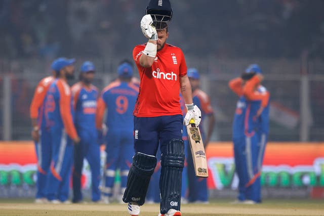 <p>Phil Salt walks away after losing his wicket in the first over</p>