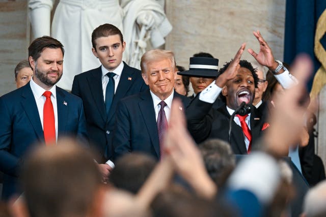 <p> Donald Trump listens to Senior Pastor Lorenzo Sewell during his inauguration in the U.S. Capitol Rotunda on January 20, 2025 in Washington, DC</p>