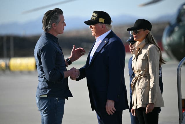 <p>Donald Trump and Gavin Newsom put on a united front on the tarmac of LAX on Friday, as the president arrived in California for a visit to survey the devastation caused by the wildfires</p>