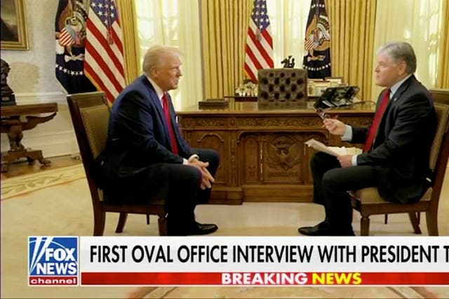 <p>In this Fox News screen grab, President Trump talks to host Sean Hannity in his first TV interview since his inauguration on January 20, 2025</p>