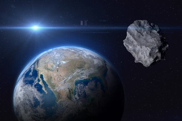 <p>Planet Earth and big asteroid in the space (stock image) </p>