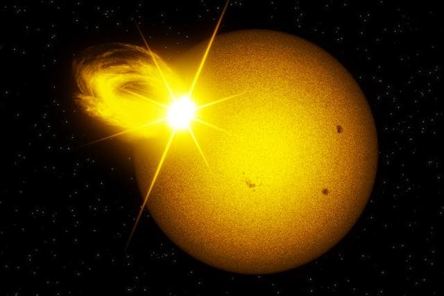 <p>Artist’s impression of a star releasing a superflare as seen in visible light</p>