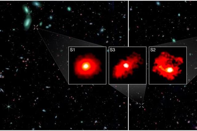 <p>The three “Red Monsters” as seen by the James Webb Space Telescope. The dusty galaxies challenge current models of galaxy formation, scientists say. </p>