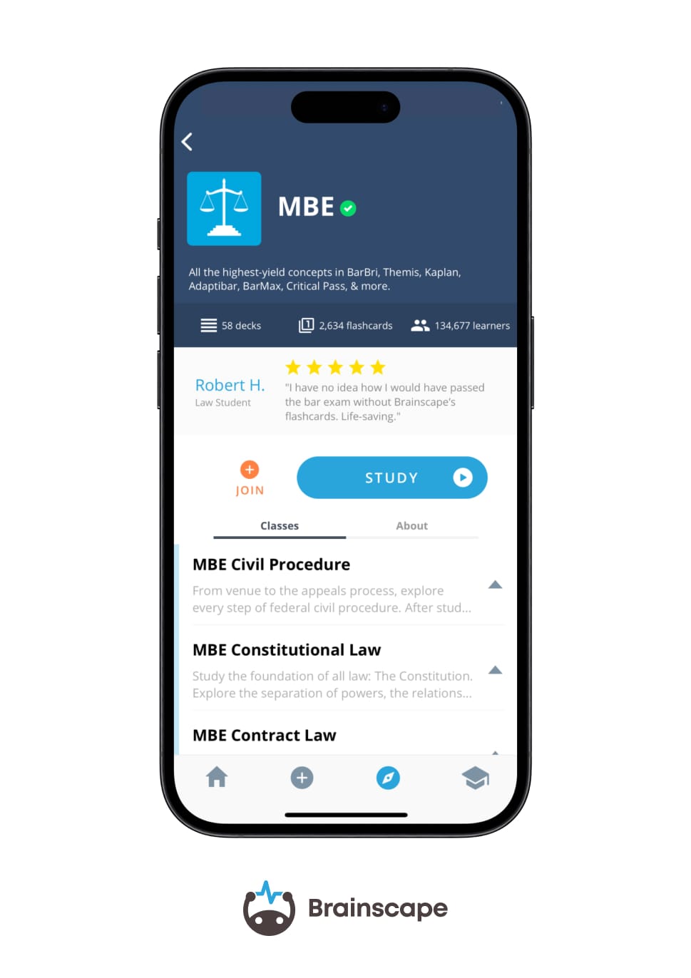 MBE decks dashboard Brainscape's digital bar exam flashcards subject overview
