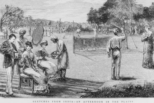 <p>A sketch, published in a graphic book in 1880, shows British people playing tennis in India, during the British Raj, while a male waiter serves them tea</p>