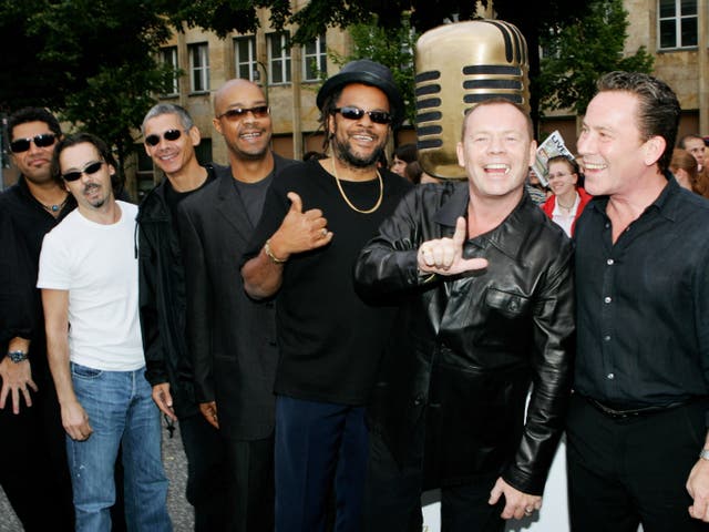 <p>UB40 before the feud: Ali Campbell (second from right) with his brother Robin (right) and the band at the German Radio Awards, 2005</p>