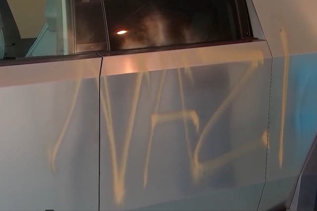 <p>A Cybertruck owner in California, who had the word ‘Nazi’ sprayed on the side of her vehicle, says she believes Elon Musk was the target of the attack</p>