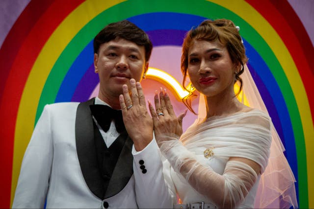 <p>Nina Chetniphat Chuadkhunthod, a transgender woman, and her husband have been together for 22 years, and were finally allowed to get married legally in Thailand on Thursday</p>