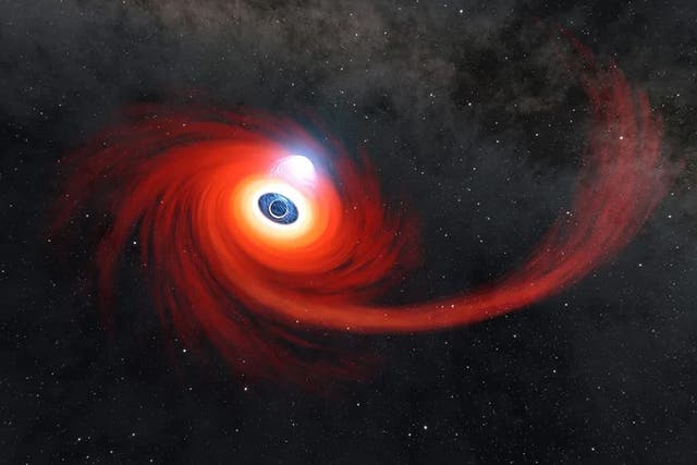 <p>A disk of hot gas swirls around a black hole in this illustration. The stream of gas stretching to the right is what remains of a star that was pulled apart by the black hole. A cloud of hot plasma (gas atoms with their electrons stripped away) above the black hole is known as a corona.</p>
