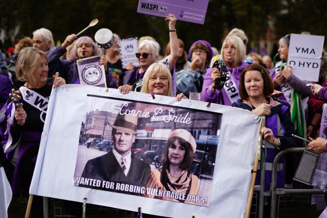 <p>Waspi campaigners stage a protest outside Parliament, during Rachel Reeves October Budget </p>