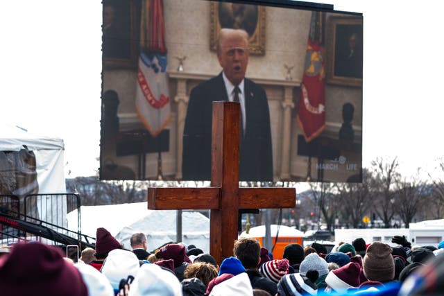 <p>People attending the annual March for Life rally watch a pre-taped video recording of President Donald Trump. The president revived a pair of anti-abortion policies to cap off the first week of his second term, one day after pardoning anti-abortion activists </p>