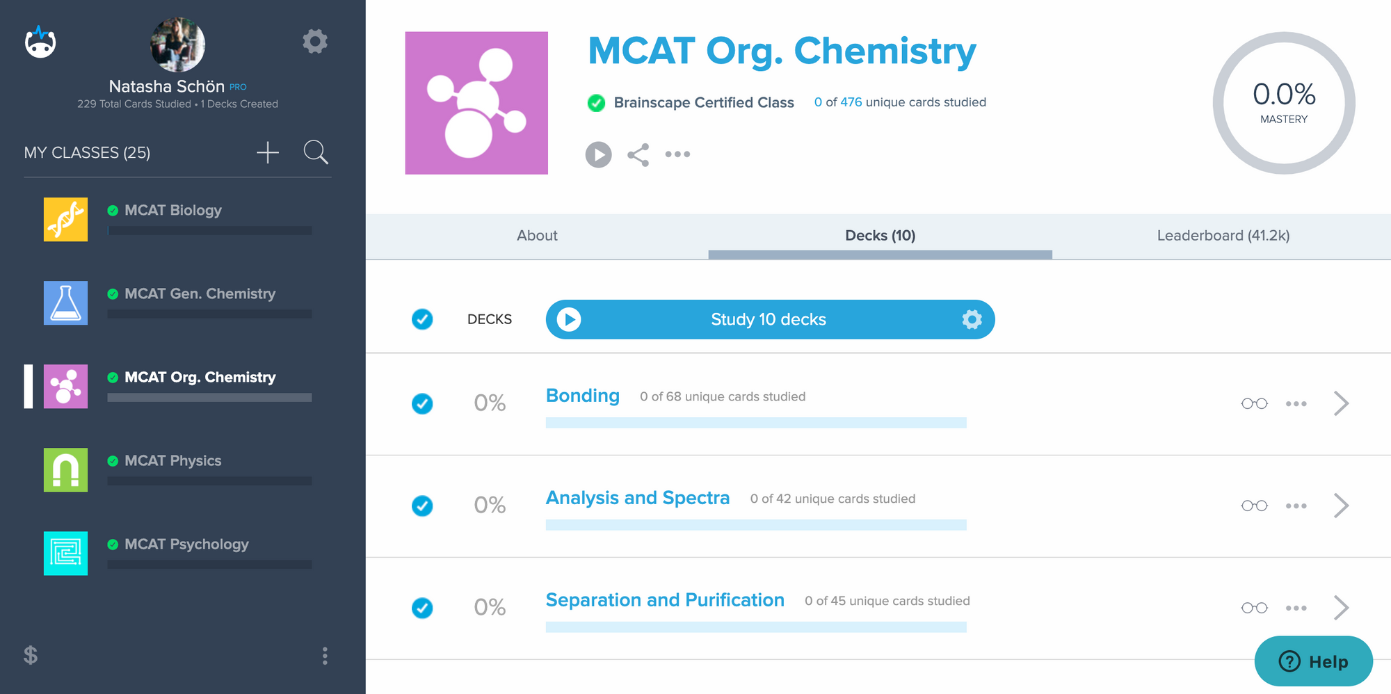 Brainscape's dashboard of organic chemistry MCAT