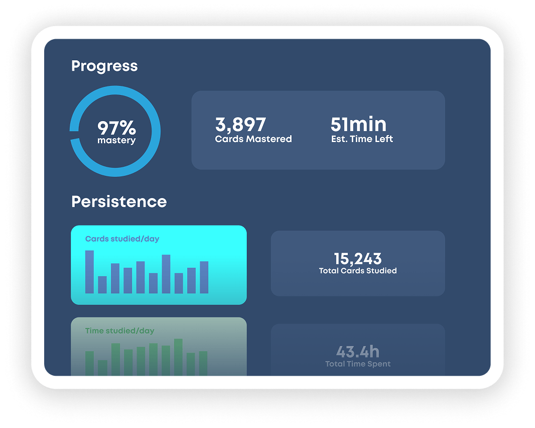 Screen divided into two sections: Progress, which shows card mastery data, and Persistence which shows the cards studied and time spend studying in a few different ways.