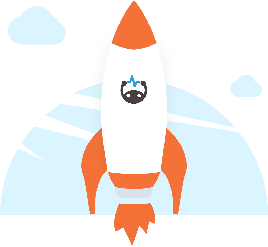Rocket ship blasting into the clouds with Brainscape logo.