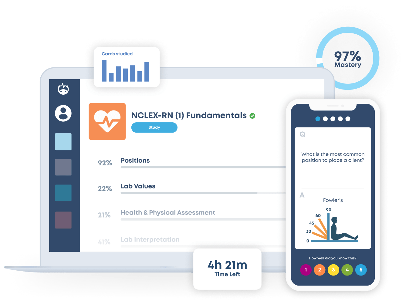 Web view of user dashboard as well as an overlay of a flashcard in mobile view.  Several widgets are highlighted to indicate various metrics tracking like: percent mastery, cards studied, and time left and a button at the bottom of the panel that reads, 'Get Started'