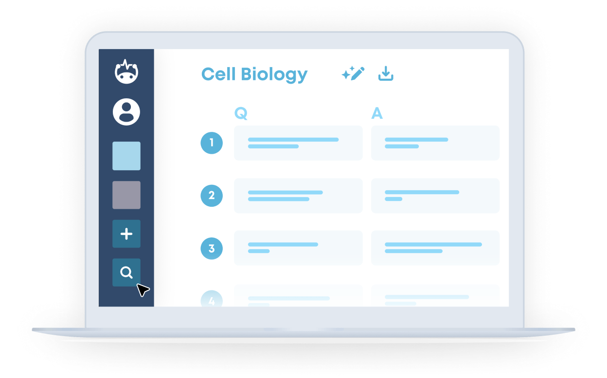 Learner dashboard with classes on the left panel, and a list of flashcards organized by Question and Answer on the main screen.