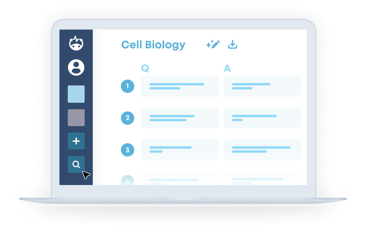 Learner dashboard with classes on the left panel, and a list of flashcards organized by Question and Answer on the main screen.