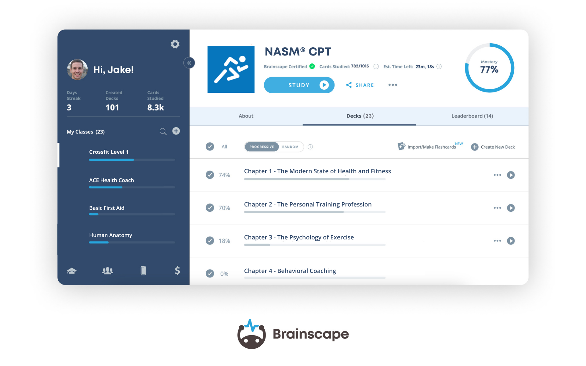 Brainscape's NASM CPT Flashcards Dashboard (Web)